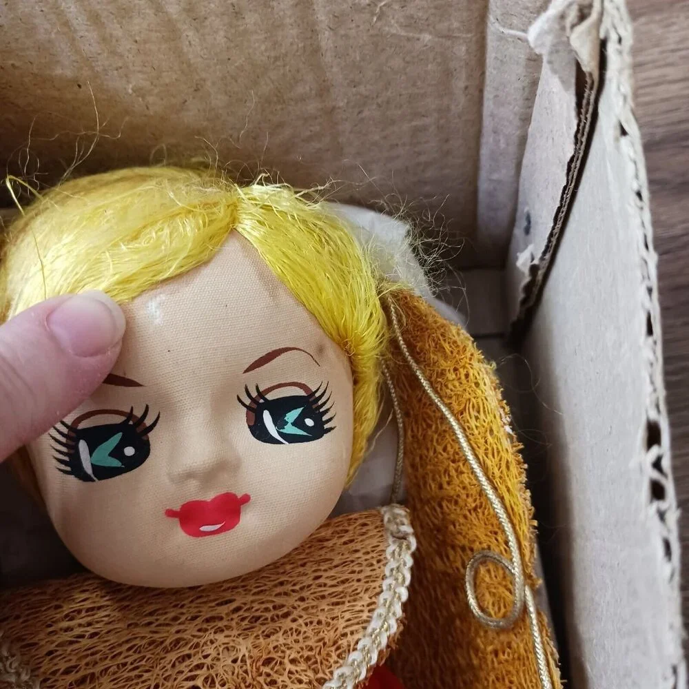 Vintage‎ Angel Tree Topper Red Felt Cardboard Body Blonde Hair 12